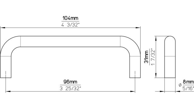 Griff Aurich Druckguss chrom glänzend - 104 mm lang  vor weißem Hintergrund