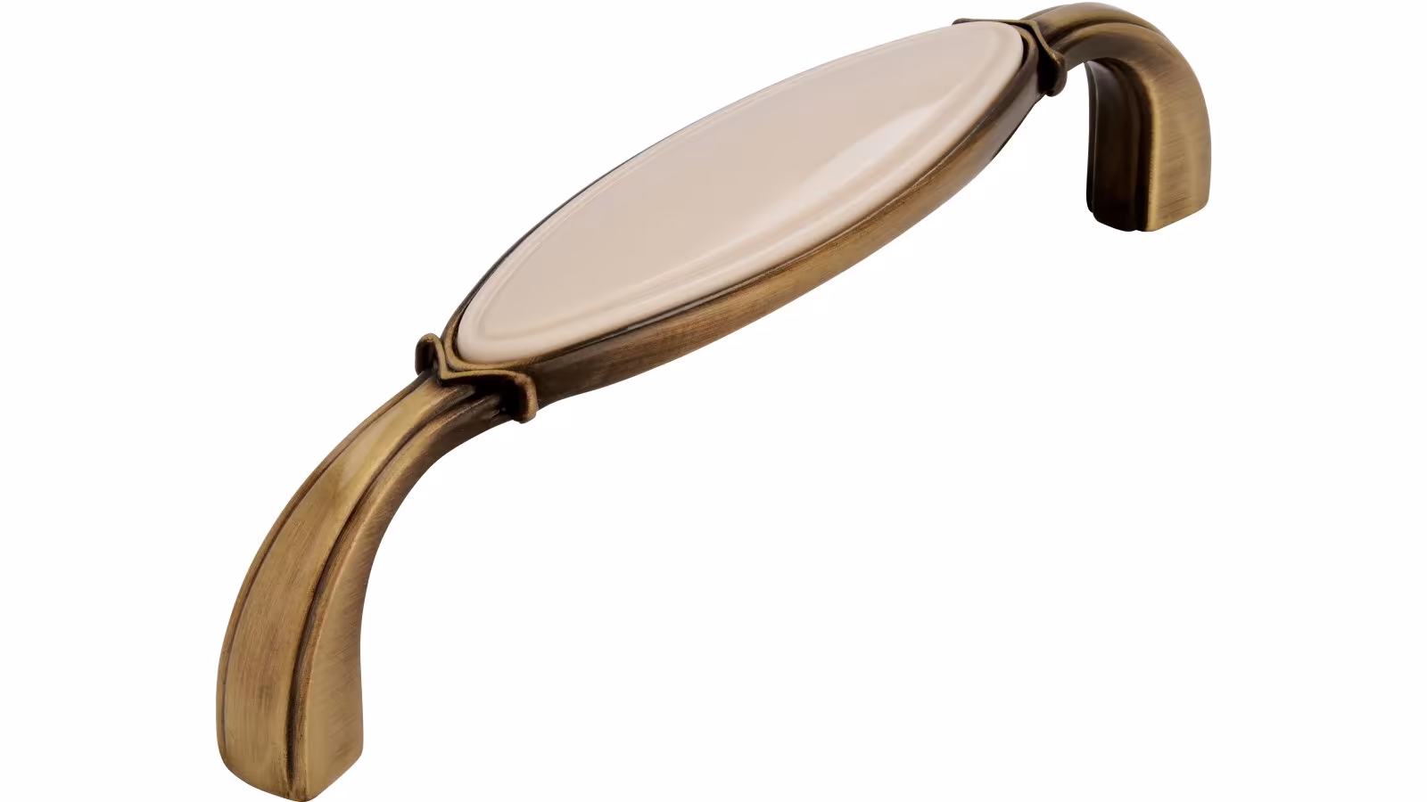 Griff Bad-Aibling Druckguss - Kunststoff altmessing brüniert gebürstet beige - 106 mm lang  vor weißem Hintergrund