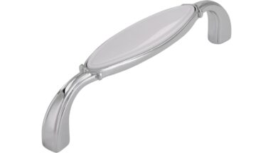 Griff Bad-Aibling Druckguss - Kunststoff chrom glänzend weiß - 106 mm lang vor weißem Hintergrund