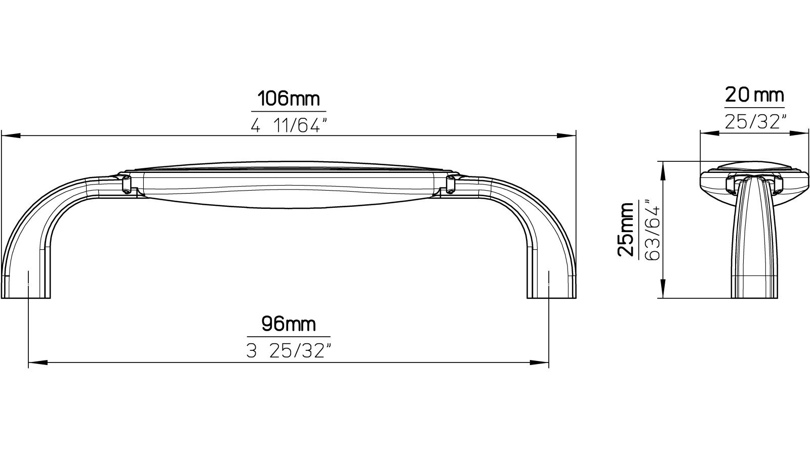 Griff Bad-Aibling Druckguss - Kunststoff chrom glänzend weiß - 106 mm lang  vor weißem Hintergrund