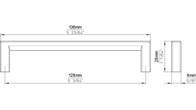 Griff Bruckmühl Druckguss chrom glänzend - 136 mm lang  vor weißem Hintergrund