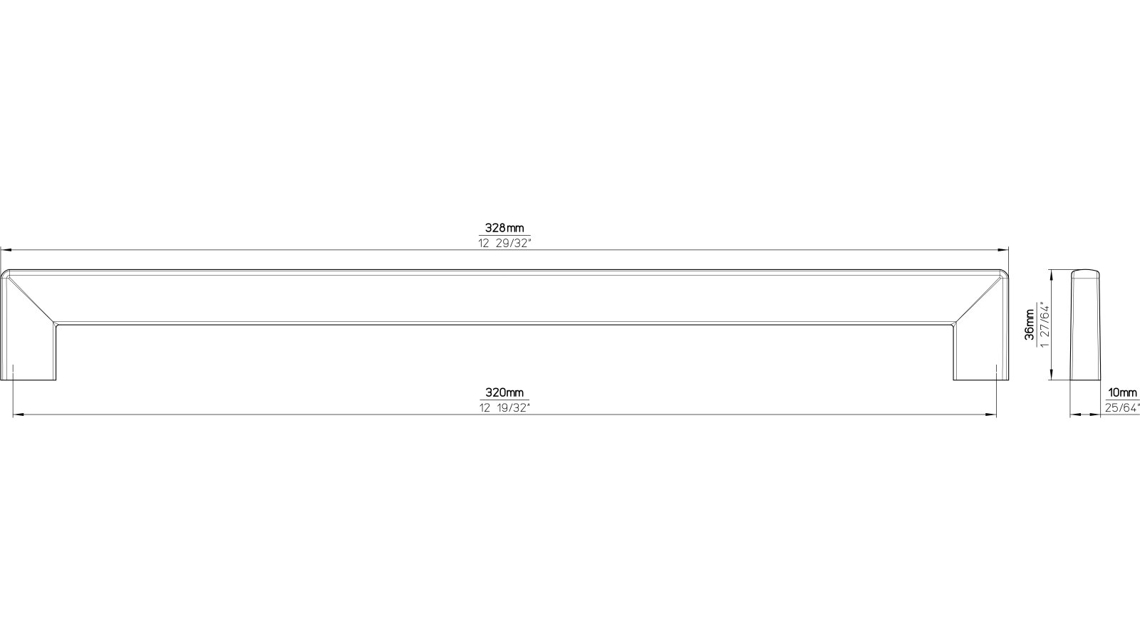 Moebelgriff-Dieburg-chrom-Zinkdruckguss-laenge-328-739394-technische-zeichnung Griff Dieburg Druckguss chrom glänzend - 328 mm lang vor weißem Hintergrund