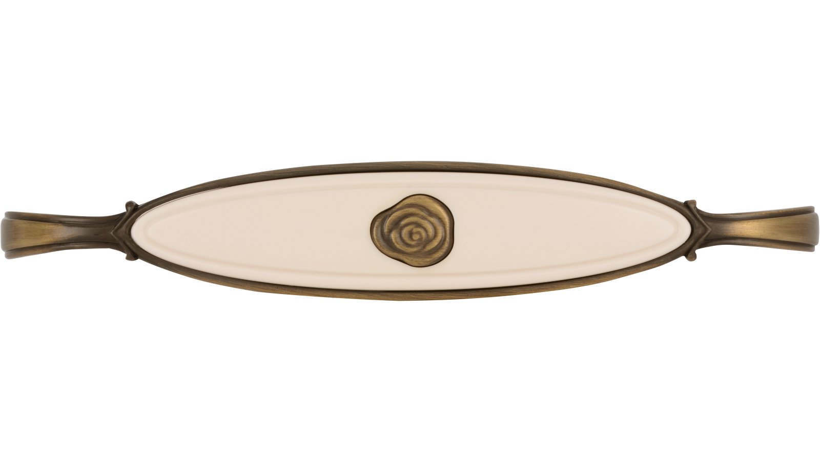 Griff Taufkirchen Druckguss - Kunststoff altmessing brüniert gebürstet beige - 138 mm lang  vor weißem Hintergrund