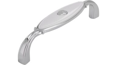 Griff Taufkirchen Druckguss - Kunststoff chrom glänzend weiß - 106 mm lang vor weißem Hintergrund