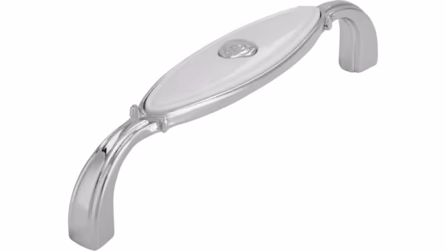 Griff Taufkirchen Druckguss - Kunststoff chrom glänzend weiß - 106 mm lang  vor weißem Hintergrund