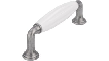 Griff + Einlage Wörth Druckguss - Kunststoff zinnfarbig weiß - 114 mm lang vor weißem Hintergrund