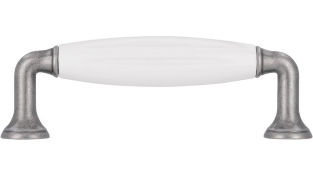 Griff + Einlage Wörth Druckguss - Kunststoff zinnfarbig weiß - 114 mm lang  vor weißem Hintergrund