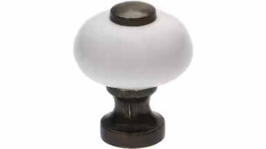 Knopf Bad-Schwalbach Keramik-Druckguss/Metallfuß weiß brüniert - 25 mm lang vor weißem Hintergrund