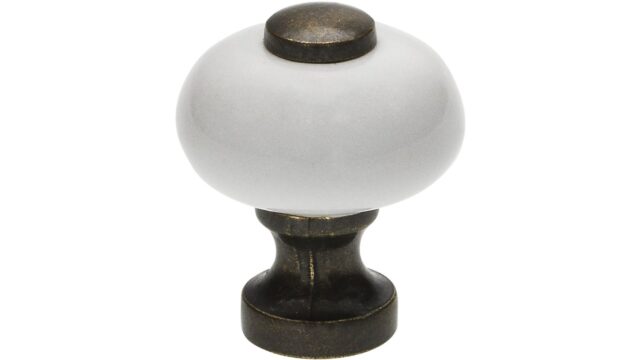Knopf Bad-Schwalbach Keramik-Druckguss/Metallfuß weiß brüniert - 25 mm lang vor weißem Hintergrund