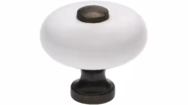 Knopf Bad-Schwalbach Keramik-Druckguss/Metallfuß weiß brüniert - 31 mm lang vor weißem Hintergrund