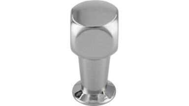 Knopf Birkenfeld Druckguss chrom glänzend - 10 mm lang vor weißem Hintergrund