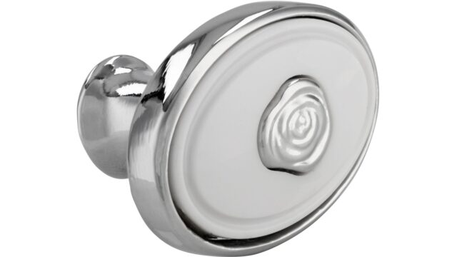 Knopf Brakel Druckguss - Kunststoff chrom glänzend weiß - 32 mm lang  vor weißem Hintergrund