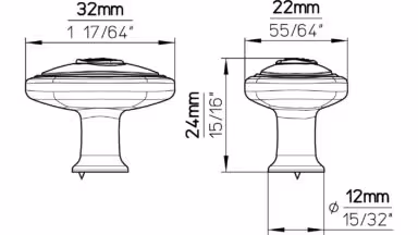 Knopf Brakel Druckguss - Kunststoff chrom glänzend weiß - 32 mm lang  vor weißem Hintergrund