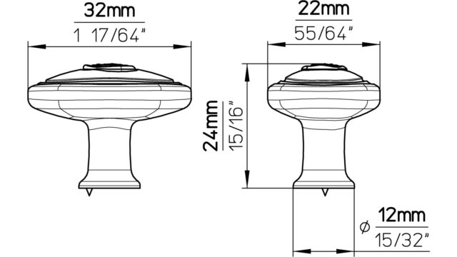 Knopf Brakel Druckguss - Kunststoff chrom glänzend weiß - 32 mm lang  vor weißem Hintergrund