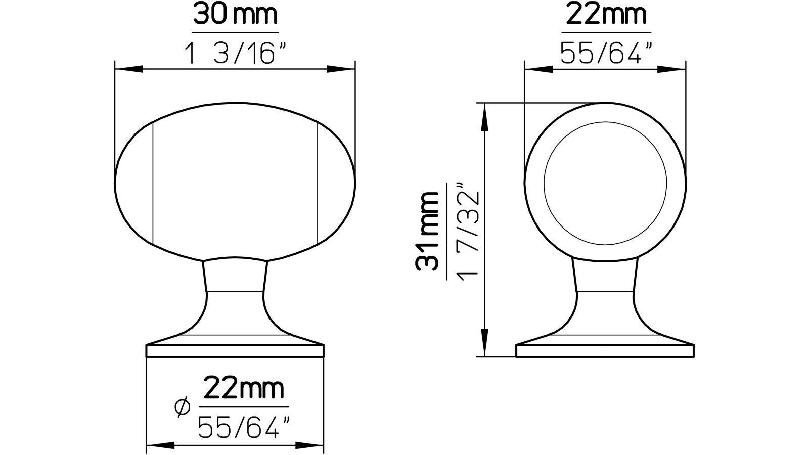 Knopf Dingofing Druckguss schwarz matt pulverbeschichtet - 30 mm lang  vor weißem Hintergrund