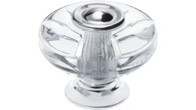 Knopf Höchstadt Kunststoff - Druckguss glaseffekt kristall glänzend chrom glänzend - 38 mm lang vor weißem Hintergrund