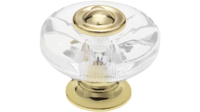 Knopf Höchstadt Kunststoff - Druckguss glaseffekt kristall glänzend vergoldet - 38 mm lang vor weißem Hintergrund