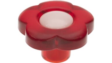 Knopf Indersdorf Kunststoff glaseffekt rot rosa - 33 mm lang vor weißem Hintergrund