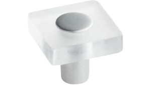 Knopf Köngen Kunststoff glaseffekt transparent klar metallisiert weißaluminium - 30 mm lang  vor weißem Hintergrund