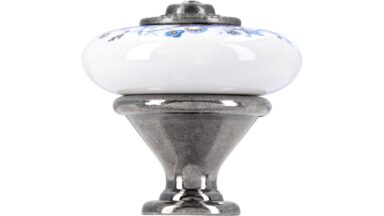 Knopf Schauenburg Keramik-Druckguss/Metallfuß bunt weiß mit schmetterling altsilberfarbig kristall - 32 mm lang  vor weißem Hintergrund