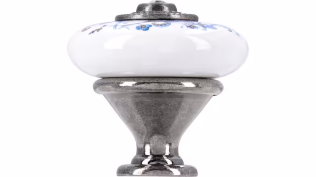 Knopf Schauenburg Keramik-Druckguss/Metallfuß bunt weiß mit schmetterling altsilberfarbig kristall - 32 mm lang  vor weißem Hintergrund
