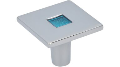 Knopf Varel Druckguss chrom glänzend blau - 35 mm lang vor weißem Hintergrund