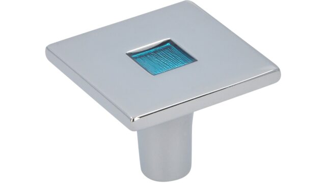 Knopf Varel Druckguss chrom glänzend blau - 35 mm lang vor weißem Hintergrund