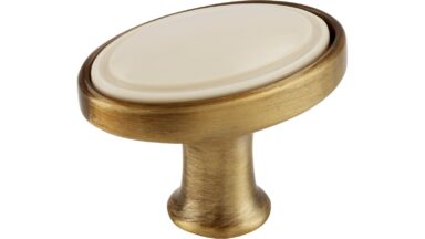 Knopf Wadern Druckguss - Kunststoff altmessing brüniert gebürstet beige - 32 mm lang  vor weißem Hintergrund