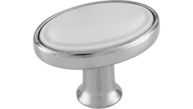 Knopf Wadern Druckguss - Kunststoff chrom glänzend weiß - 32 mm lang  vor weißem Hintergrund