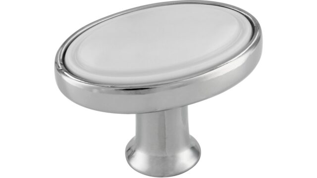 Knopf Wadern Druckguss - Kunststoff chrom glänzend weiß - 32 mm lang vor weißem Hintergrund