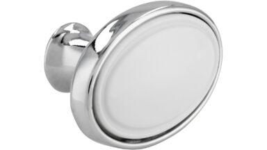 Knopf Wadern Druckguss - Kunststoff chrom glänzend weiß - 32 mm lang  vor weißem Hintergrund
