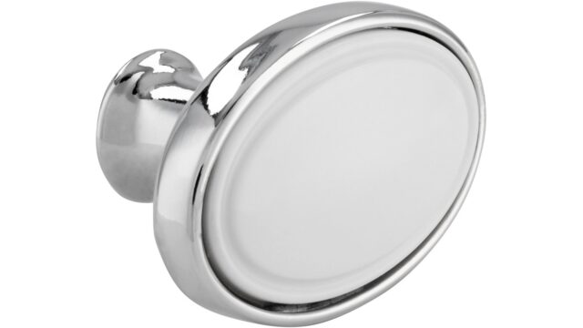 Knopf Wadern Druckguss - Kunststoff chrom glänzend weiß - 32 mm lang  vor weißem Hintergrund