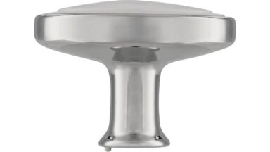 Knopf Wadern Druckguss - Kunststoff chrom glänzend weiß - 32 mm lang  vor weißem Hintergrund