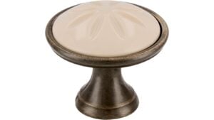 Knopf + Einlage Selb Druckguss - Kunststoff altmessing brüniert gebürstet beige - 34 mm lang  vor weißem Hintergrund