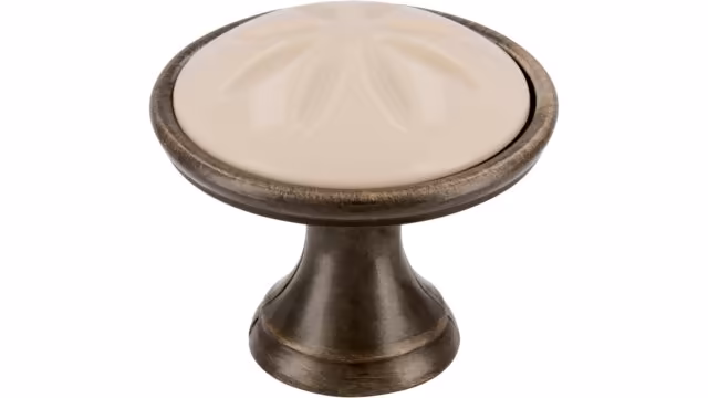 Knopf + Einlage Selb Druckguss - Kunststoff altmessing brüniert gebürstet beige - 34 mm lang vor weißem Hintergrund