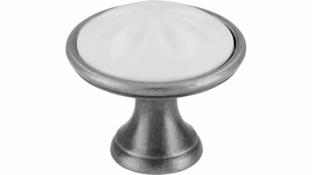 Knopf + Einlage Selb Druckguss - Kunststoff zinnfarbig weiß - 34 mm lang  vor weißem Hintergrund