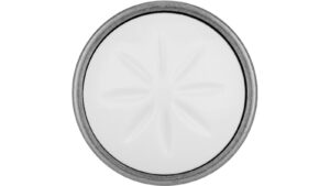 Knopf + Einlage Selb Druckguss - Kunststoff zinnfarbig weiß - 34 mm lang  vor weißem Hintergrund