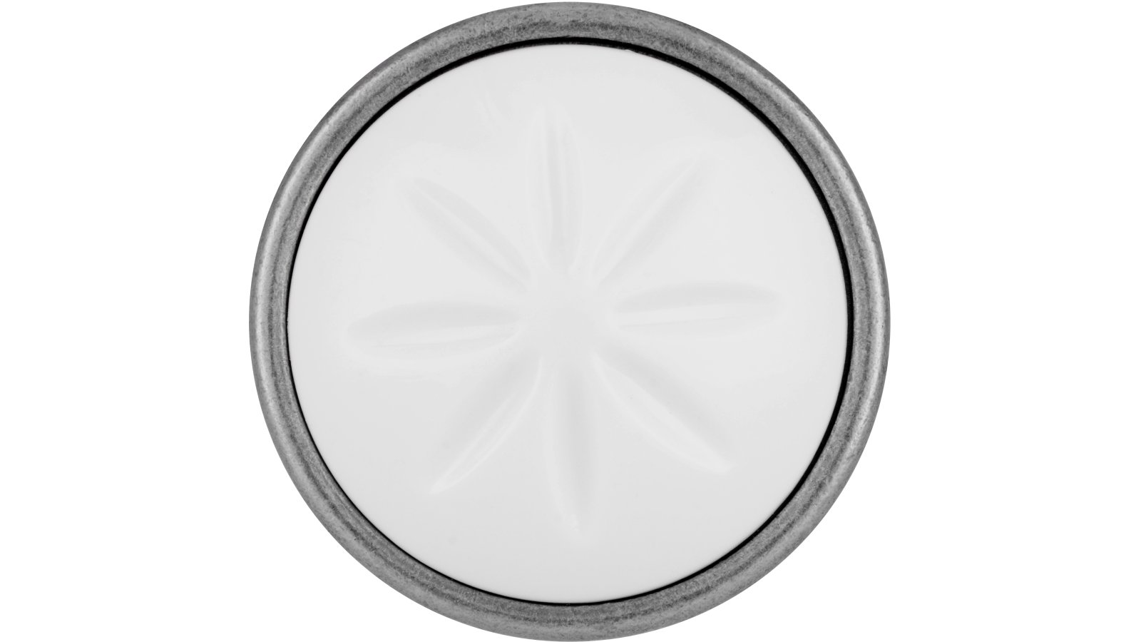 Knopf + Einlage Selb Druckguss - Kunststoff zinnfarbig weiß - 34 mm lang  vor weißem Hintergrund