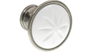 Knopf + Einlage Selb Druckguss - Kunststoff zinnfarbig weiß - 34 mm lang  vor weißem Hintergrund