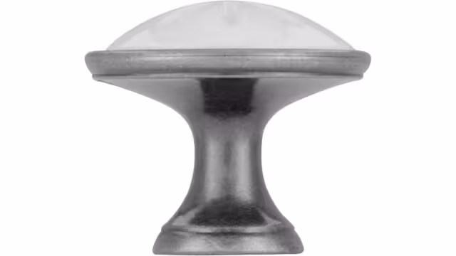 Knopf + Einlage Selb Druckguss - Kunststoff zinnfarbig weiß - 34 mm lang  vor weißem Hintergrund
