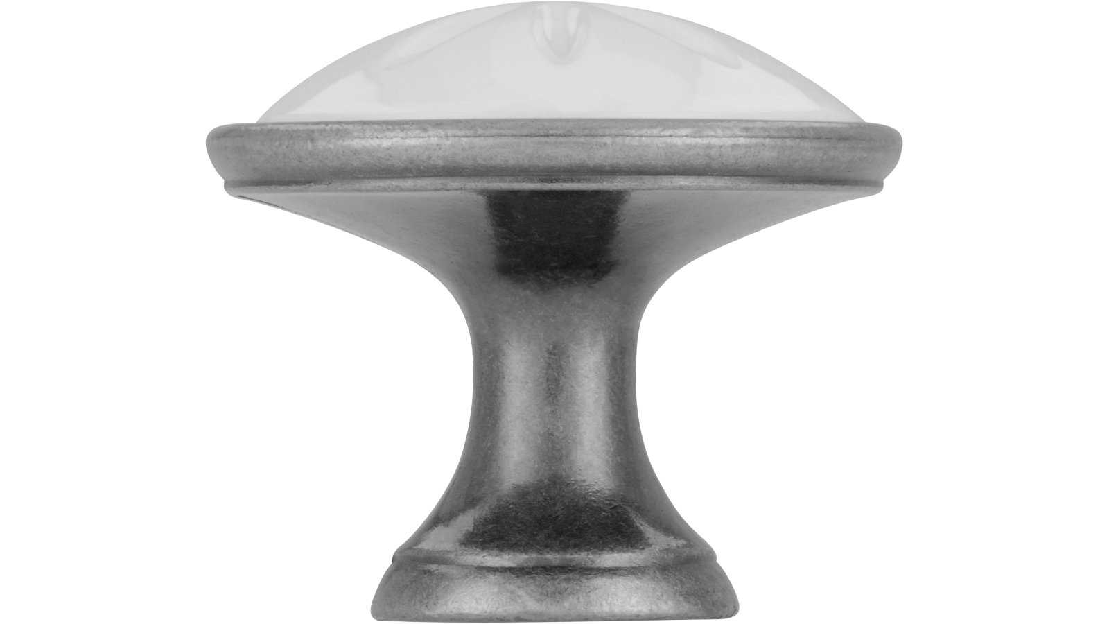 Knopf + Einlage Selb Druckguss - Kunststoff zinnfarbig weiß - 34 mm lang  vor weißem Hintergrund