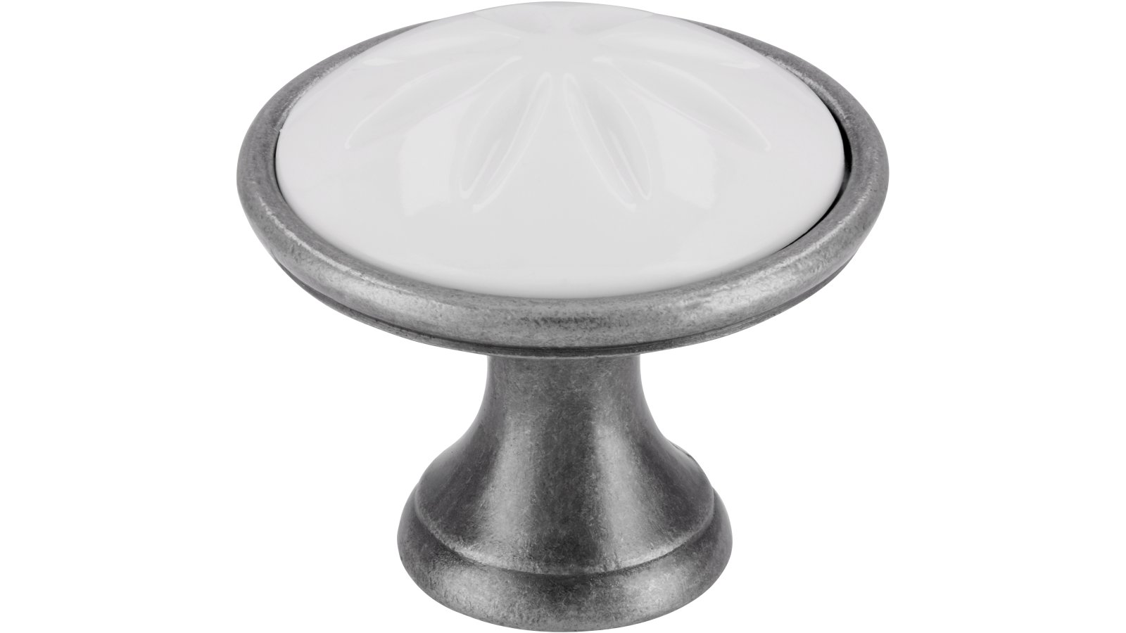 Knopf + Einlage Selb Druckguss - Kunststoff zinnfarbig weiß - 34 mm lang  vor weißem Hintergrund