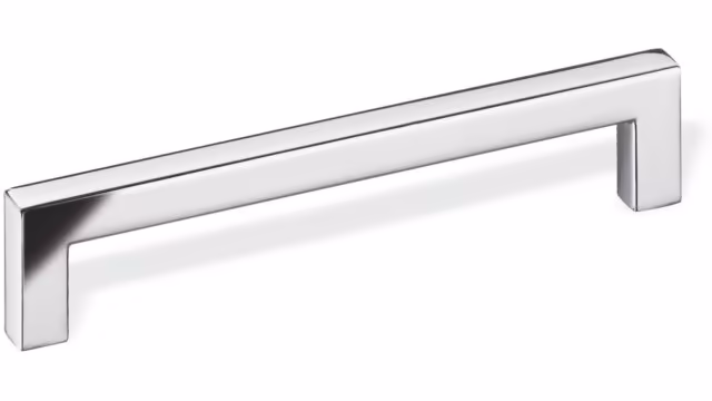 Design-Bügelgriff Reinbek Zamak verchromt poliert - 138 mm lang vor weißem Hintergrund