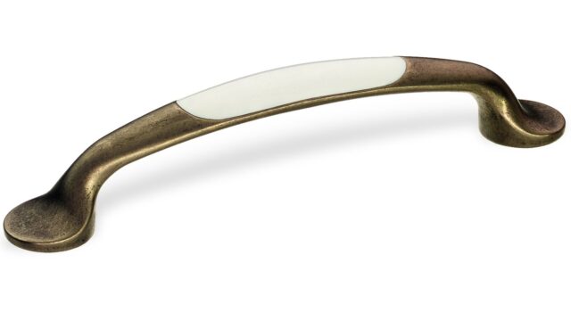 Landhausgriff Rheda-Wiedenbrück Zamak brüniert / Kunststoff weiß - 170 mm lang vor weißem Hintergrund