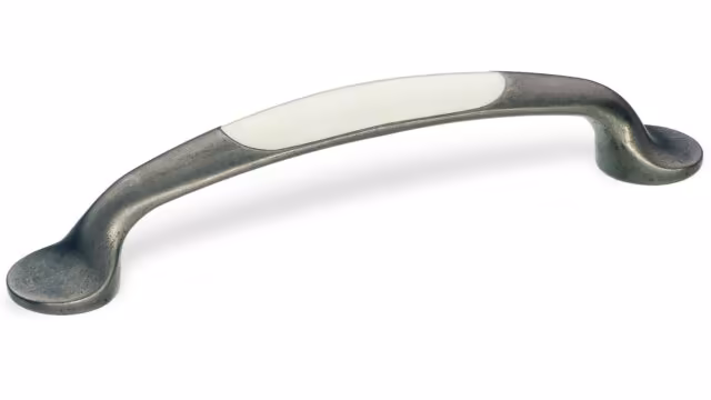 Landhausgriff Rheda-Wiedenbrück Zamak Zinn antik / Kunststoff weiß - 170 mm lang vor weißem Hintergrund