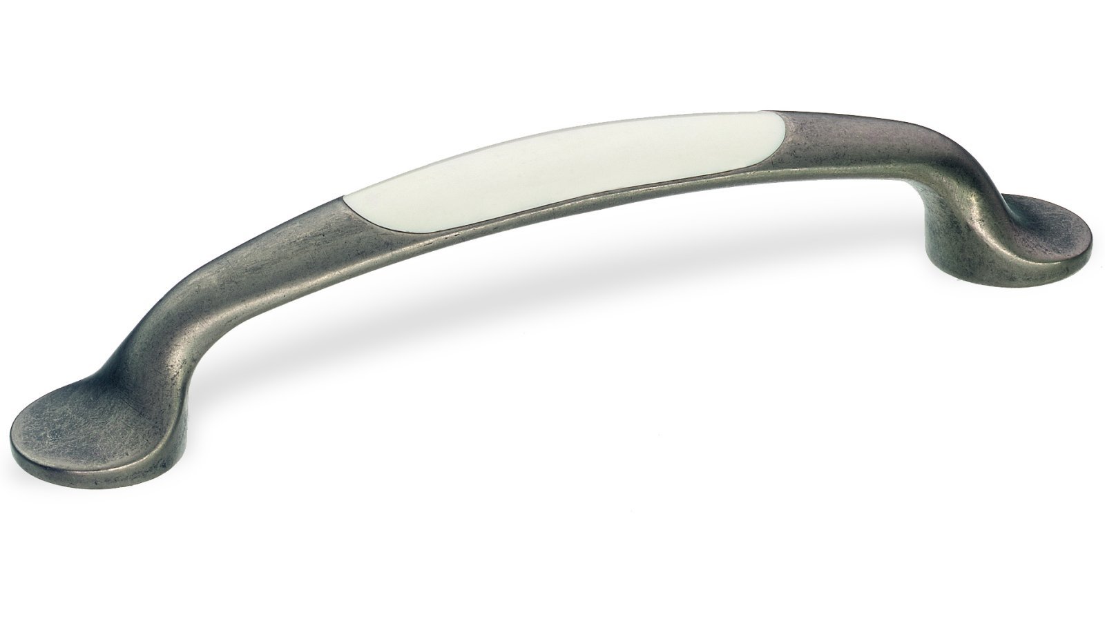Landhausgriff Rheda-Wiedenbrück Zamak Zinn antik / Kunststoff weiß - 170 mm lang  vor weißem Hintergrund