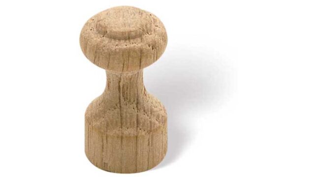Knopf Schongau Holz eiche roh - 27 mm lang vor weißem Hintergrund