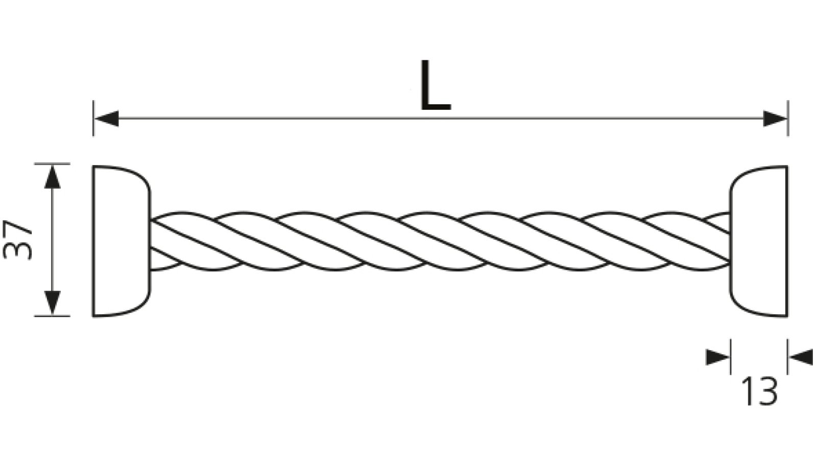 Designgriff-Saarwellingen-silber-Kunststoff-laenge-165-SW-224358-technische-zeichnung Designgriff Saarwellingen Kunststoff silber / Seil - 165 mm lang vor weißem Hintergrund