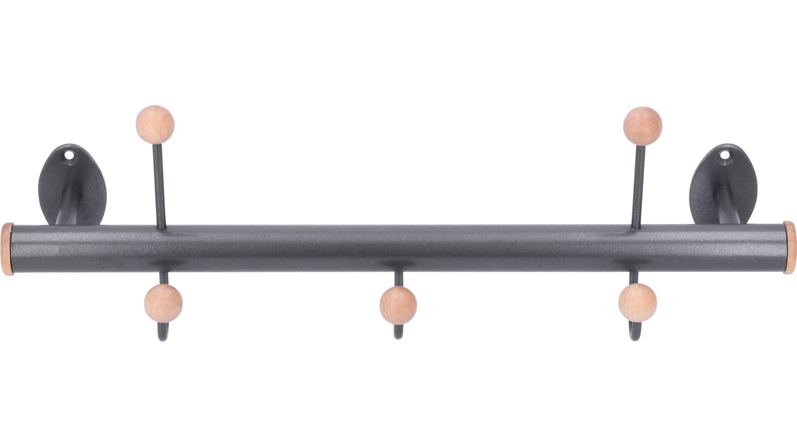 Hakenleiste Burg Stahl - Holz umbragrau metallic pulverbeschichtet ahorn natur lackiert - 412 mm lang  vor weißem Hintergrund