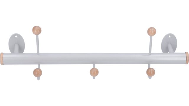 Hakenleiste Burg Stahl - Holz silbergrau metallic pulverbeschichtet ahorn natur lackiert - 412 mm lang  vor weißem Hintergrund